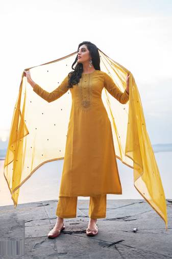 Mustard zari embroidery and diamond cotton silk straight pant - full stitched