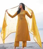 Mustard zari embroidery and diamond cotton silk straight pant - full stitched