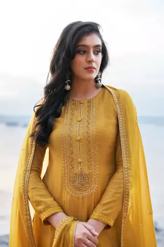 Mustard zari embroidery and diamond cotton silk straight pant - full stitched