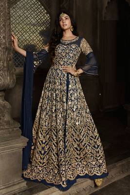 Blue zari embroidery and diamond net anarkali churidar- full stitched 1