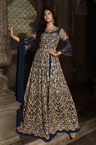 Blue zari embroidery and diamond net anarkali churidar- full stitched
