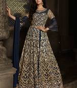 Blue zari embroidery and diamond net anarkali churidar- full stitched