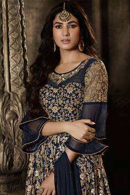 Blue zari embroidery and diamond net anarkali churidar- full stitched 2