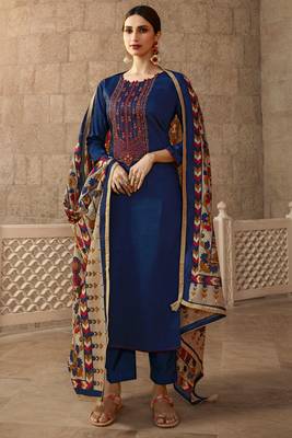 Blue zari embroidery and diamond cotton straight churidar- full stitched 1