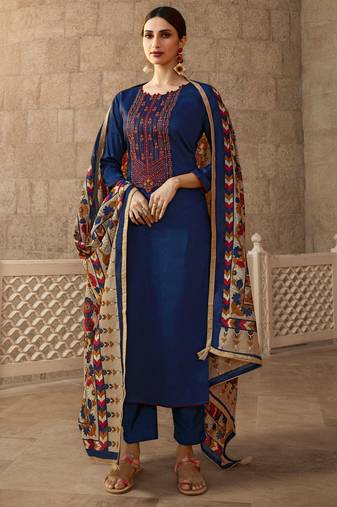 Blue zari embroidery and diamond cotton straight churidar- full stitched