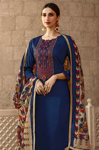 Blue zari embroidery and diamond cotton straight churidar- full stitched