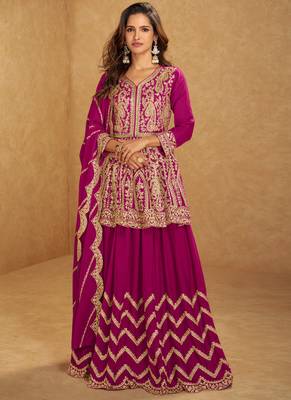 Rani pink chinon silk hand work lehenga style suit 1