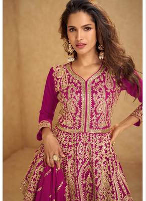 Rani pink chinon silk hand work lehenga style suit 2