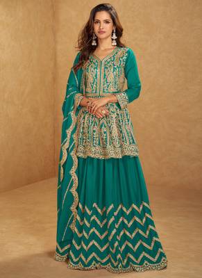 Turquoise chinon silk hand work lehenga style suit 1