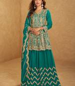 Turquoise chinon silk hand work lehenga style suit