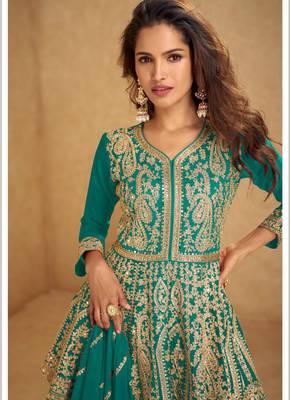 Turquoise chinon silk hand work lehenga style suit 2