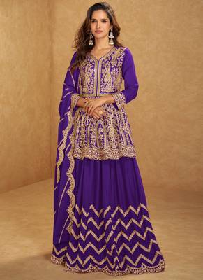 Violet chinon silk hand work lehenga style suit 1