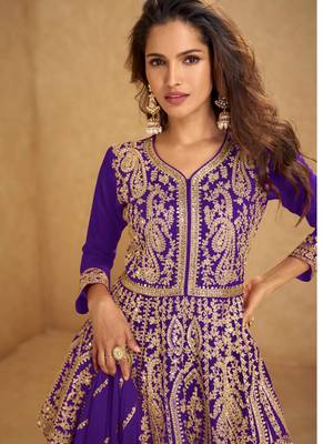 Violet chinon silk hand work lehenga style suit 2