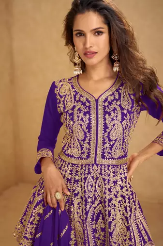 Violet chinon silk hand work lehenga style suit