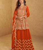 Orange chinon silk hand work lehenga style suit