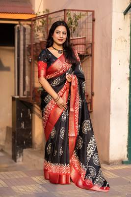 Black printed cotton slub saree with unstitched blouse piece 1