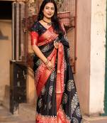Black printed cotton slub saree with unstitched blouse piece