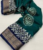 Green printed cotton slub saree with unstitched blouse piece