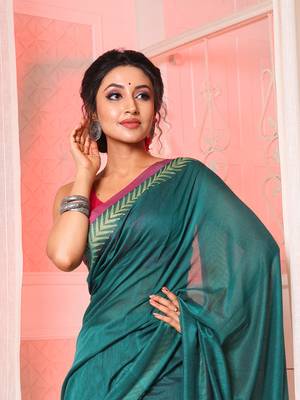Teal cotton handloom saree with woven border 1