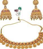 Traditional lightweight indian jewelry set godess laxmi frill gold plated necklace with jhumki earring for women