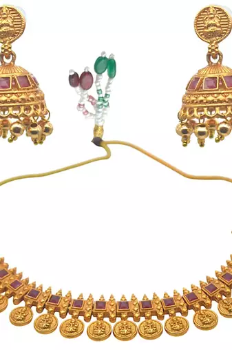 Traditional lightweight indian jewelry set godess laxmi frill gold plated necklace with jhumki earring for women
