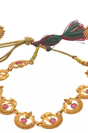 Traditional south indian gold plated pink stone necklace set with dangle earrings lightweight jewelry for women