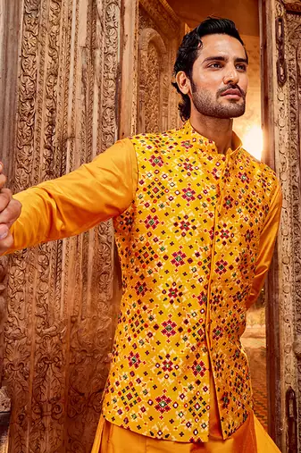 Haldi raw silk mirror embellished bundi set