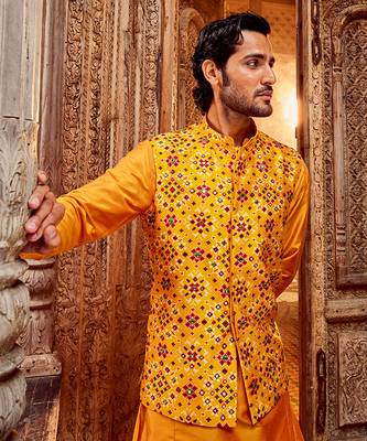 Haldi raw silk mirror embellished bundi set 3