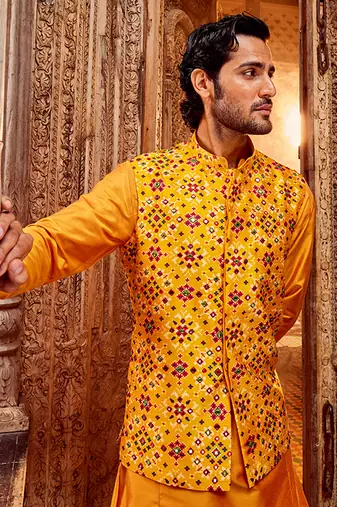 Haldi raw silk mirror embellished bundi set