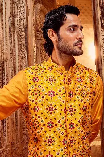 Haldi raw silk mirror embellished bundi set