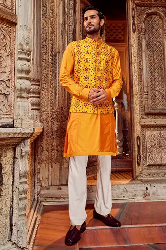 Haldi raw silk mirror embellished bundi set