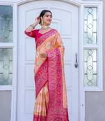 Orange and pink zari work pashmina silk blend heavy saree with blouse for party wear