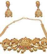 Antique goddess laxmi gold plated choker peacock design with long jhumki earrings temple necklace set for women