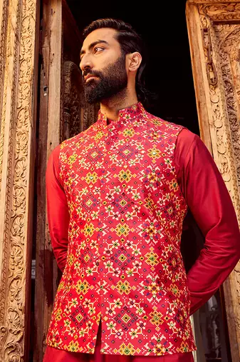 Rani raw silk mirror embellished bundi set