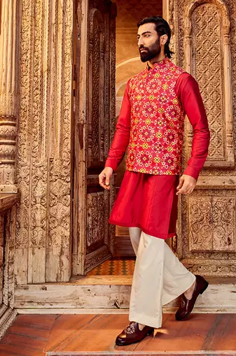Rani raw silk mirror embellished bundi set