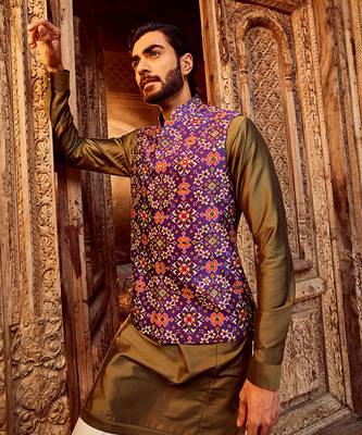 Purple raw silk mirror embellished bundi set 2