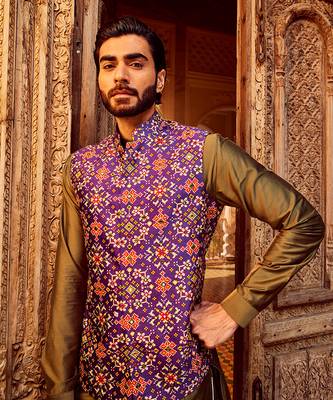 Purple raw silk mirror embellished bundi set 5