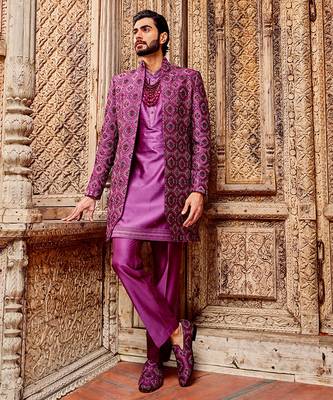 Purple chanderi silk embroidered open indo-western 1