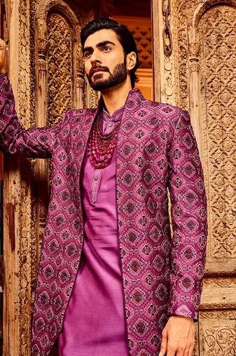 Purple chanderi silk embroidered open indo-western