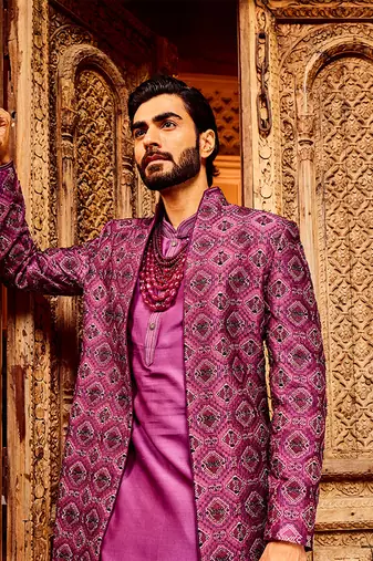 Purple chanderi silk embroidered open indo-western