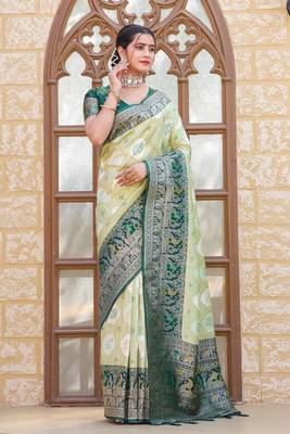 Green zari work pashmina silk blend latest heavy saree with blouse for party wear 1