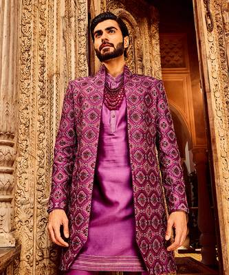 Purple chanderi silk embroidered open indo-western 4