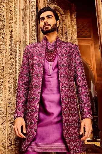 Purple chanderi silk embroidered open indo-western