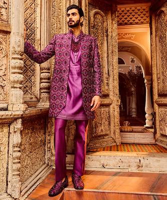 Purple chanderi silk embroidered open indo-western 5