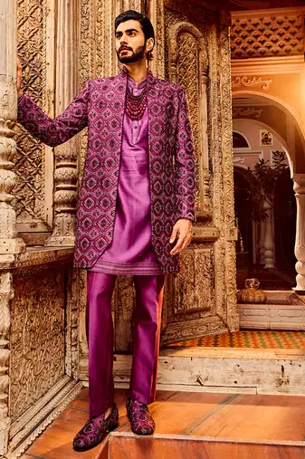Purple chanderi silk embroidered open indo-western