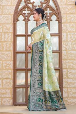 Green zari work pashmina silk blend latest heavy saree with blouse for party wear 3