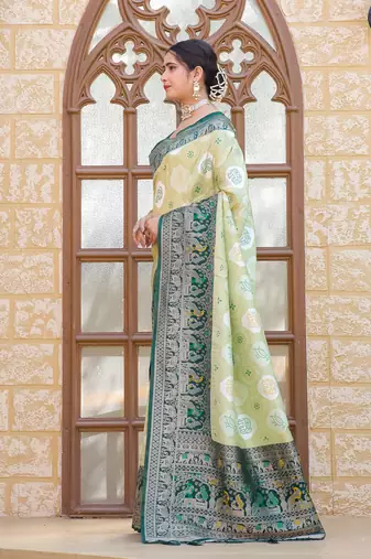 Green zari work pashmina silk blend latest heavy saree with blouse for party wear
