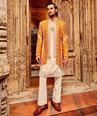 Orange open raw silk embroidered indo-western 1