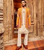 Orange open raw silk embroidered indo-western