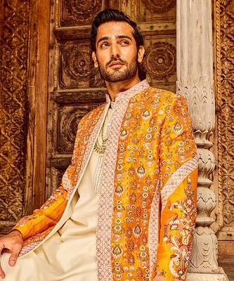 Orange open raw silk embroidered indo-western 2